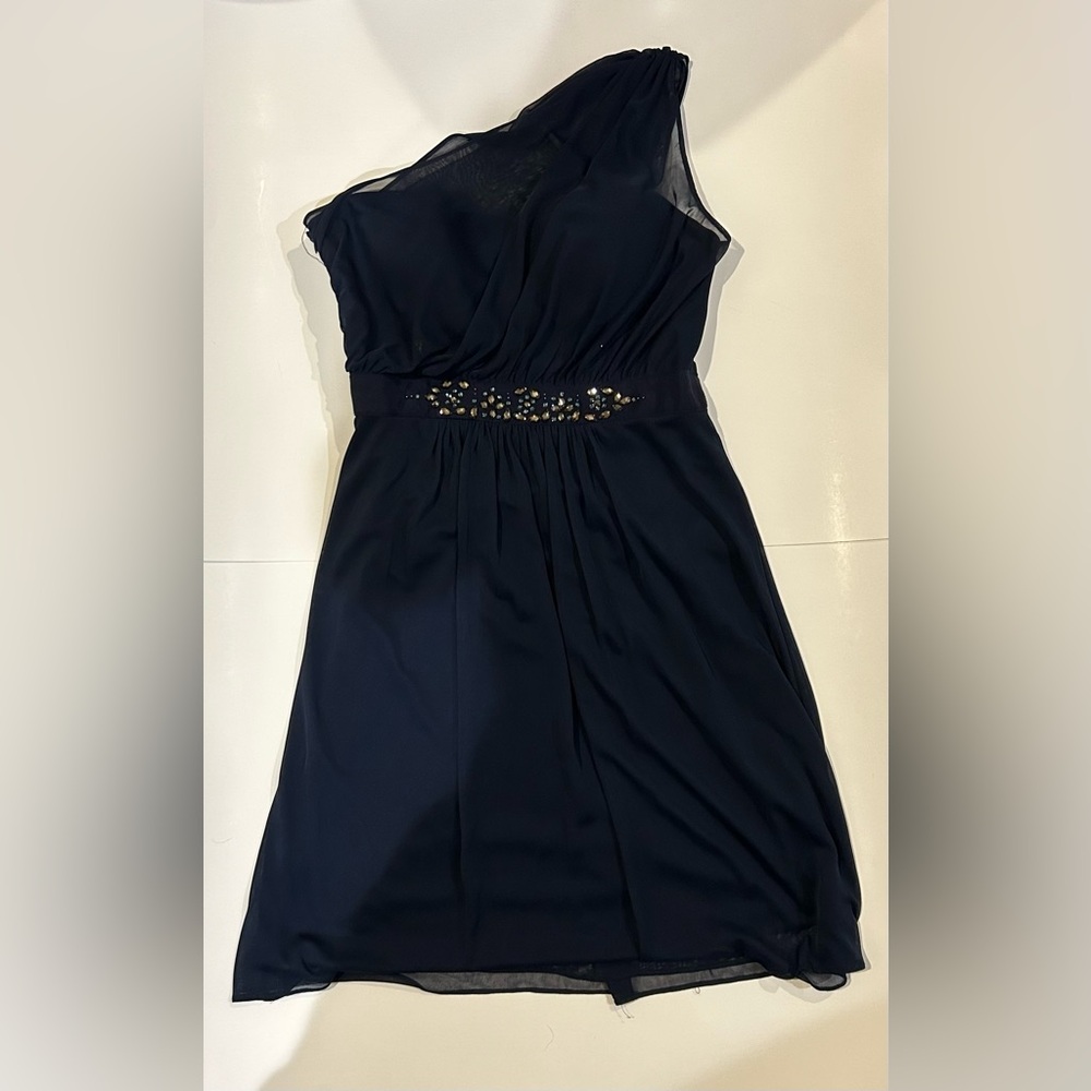 Navy off the shoulder dress with rhinestone belt and satin underdress built in